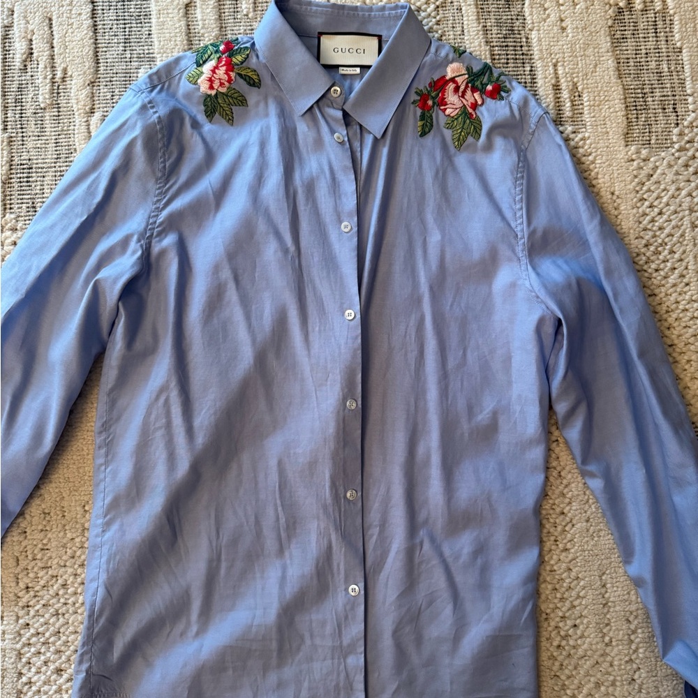 Gucci Blue Casual Button Down Shirt with Floral Embroidery